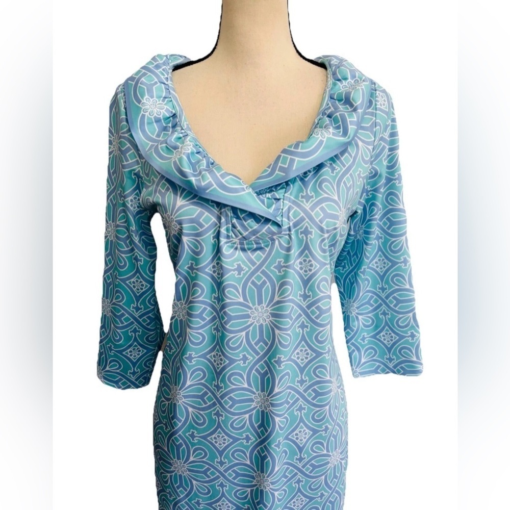 Gretchen Scott Jersey Ruffneck Dress Size S Piazza Blue Print Preppy Women’s - Picture 2 of 9